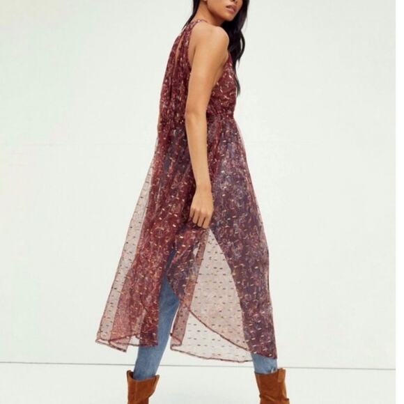Free People Top Womens Size Small Red Ria Sleeveless Sheer Embroidered Boho Maxi - Picture 2 of 7